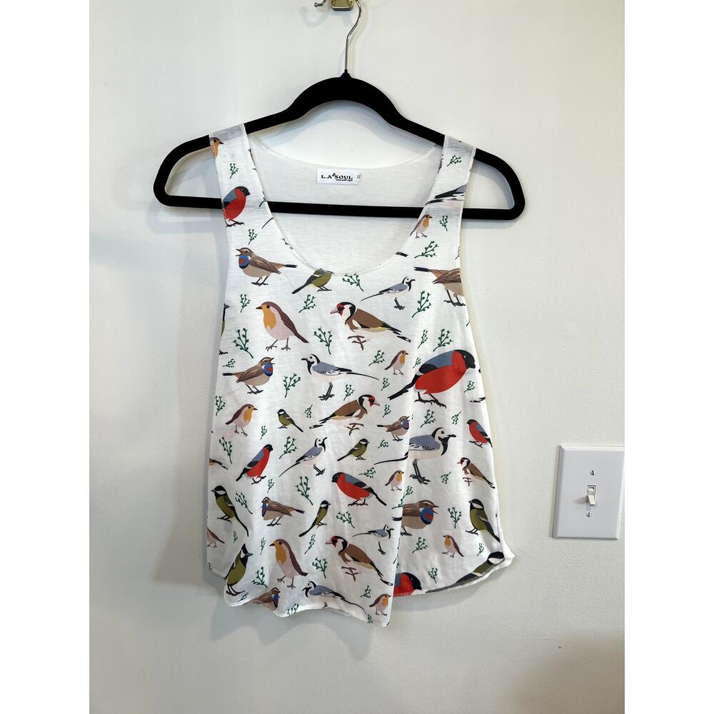 L.A. Soul Bird Print Tank Top Women’s Small Sleeveless White Casual Top